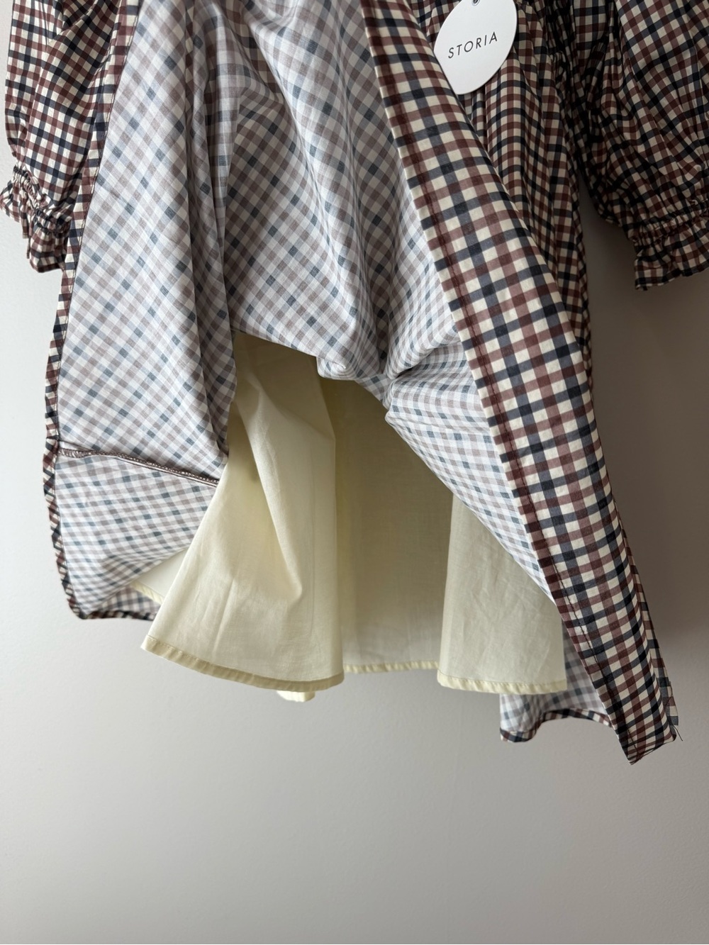 Storia Plaid Puff-Sleeve Square Neck Mini Dress in Brown - Picture 7 of 7